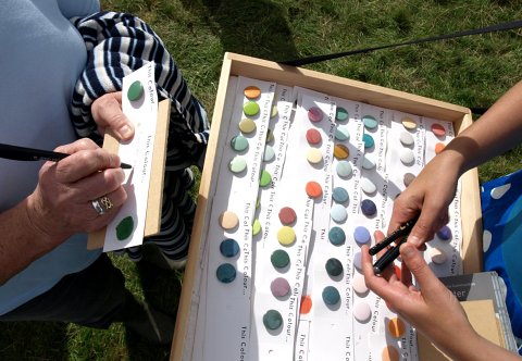 Imi Maufe, interactive performance about colour association at Falstone Show using locally made Unison Colour's handmade artist's pastels in an unconventional way, 2008. Maufe created an artist's book from the material collected