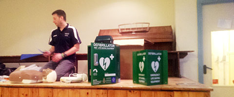 Defibrillator training being undertaken at Tarset Village Hall