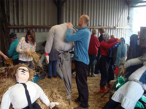 Photograph of scarecrow making for the Leek Show