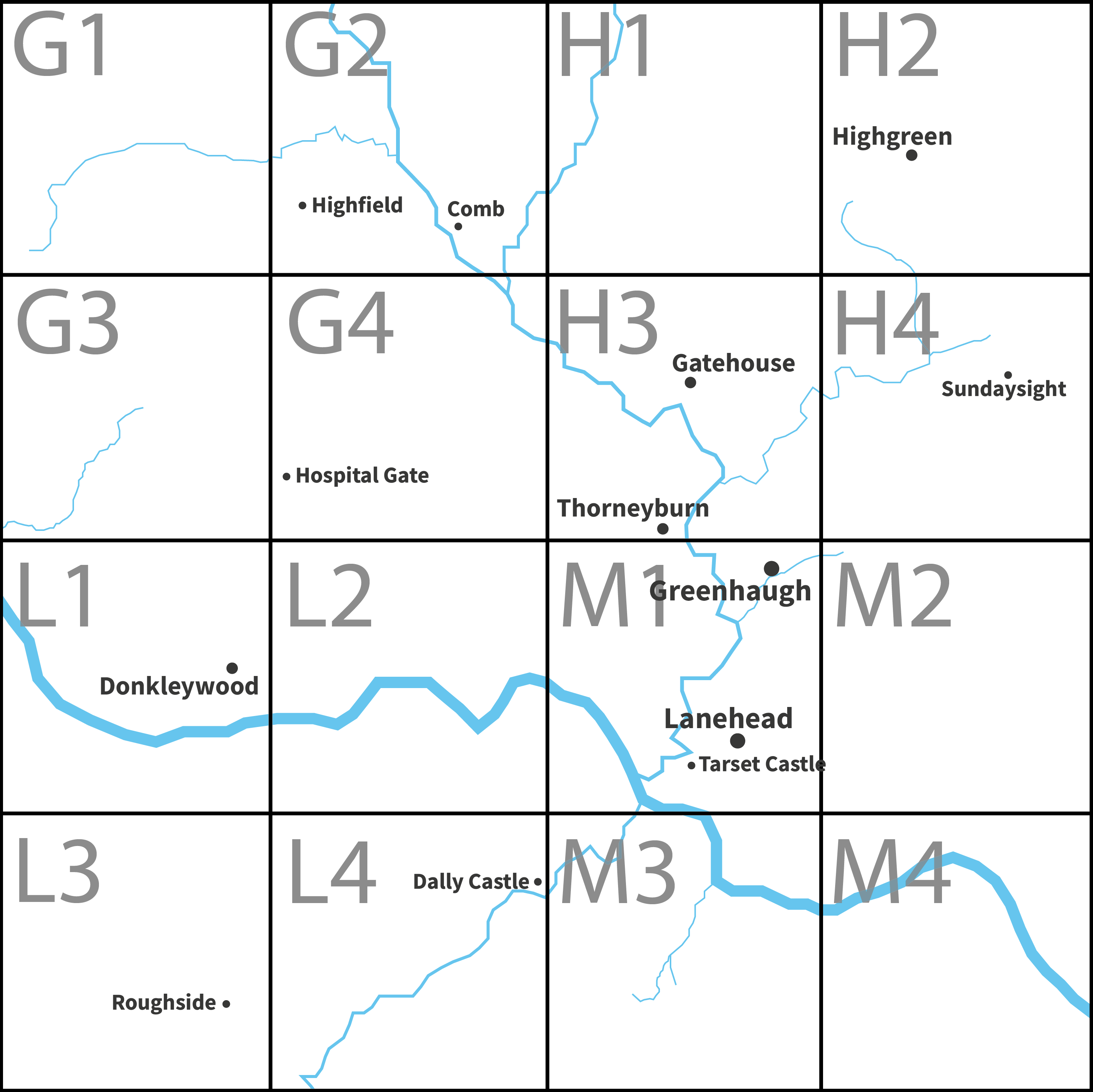 Key to map squares showing square identifiers relative to rivers, streams and main settlements